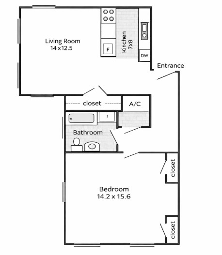 Floor plan for 1 bed, 1 bath, 740 sqft